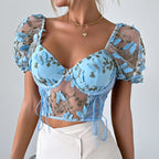 Embroidered Butterfly Mesh Crop Top for Women
