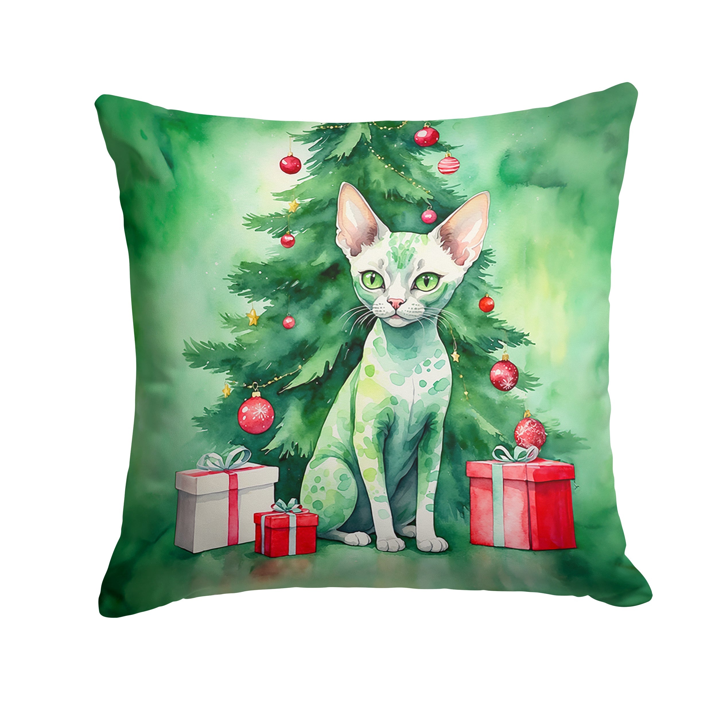 Devon Rex Cat By the Christmas Tree Throw Pillow