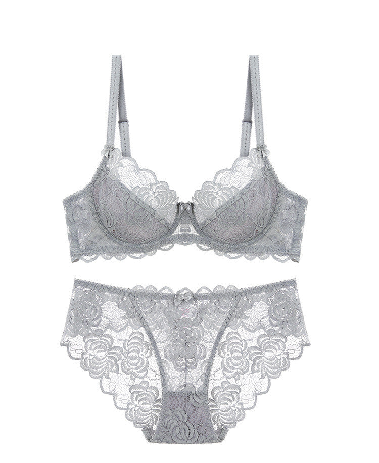 Lace Bra Set with Underwire and Thin Mesh Fabric