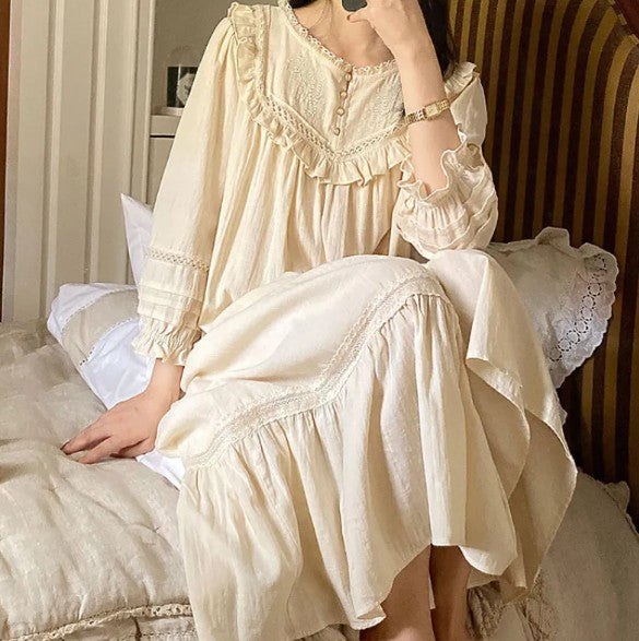Vintage Embroidery Cotton Long Nightgown for Women