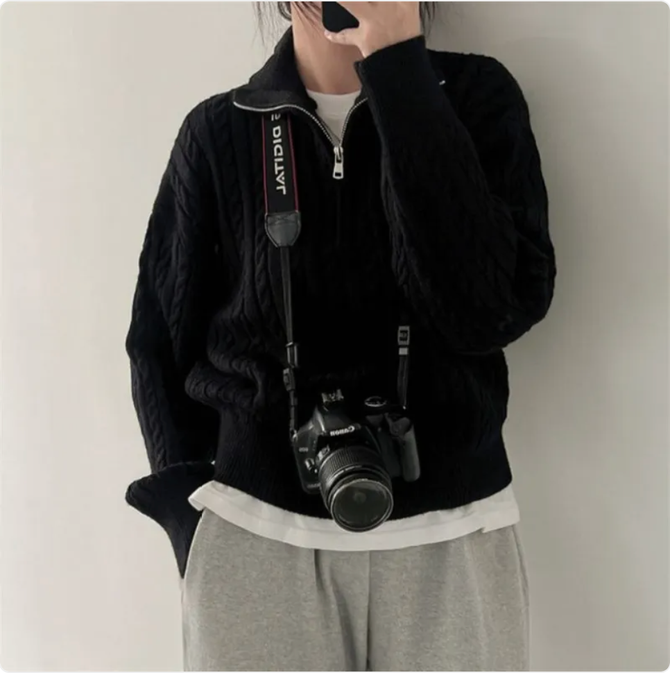 Korean-Style Retro Cable-Knit Zipper Pullover – Casual Long Sleeve Sweater Top | Streetwear