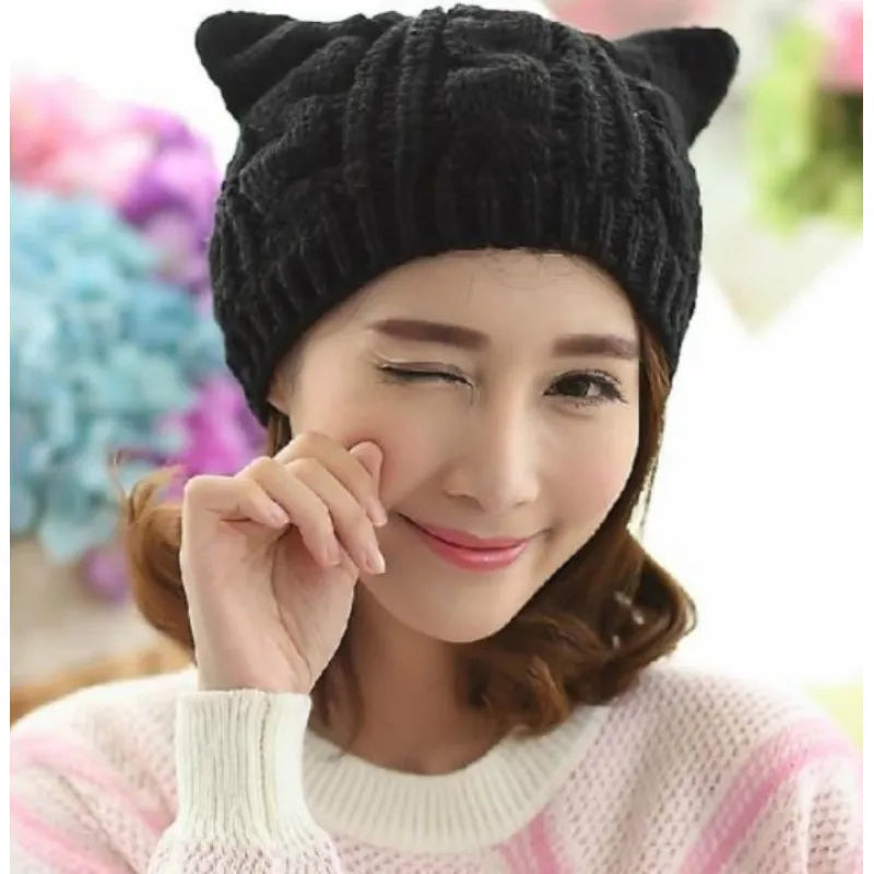 Hand Made 3D Cute Knitted Cat Ear Beanie For Winter