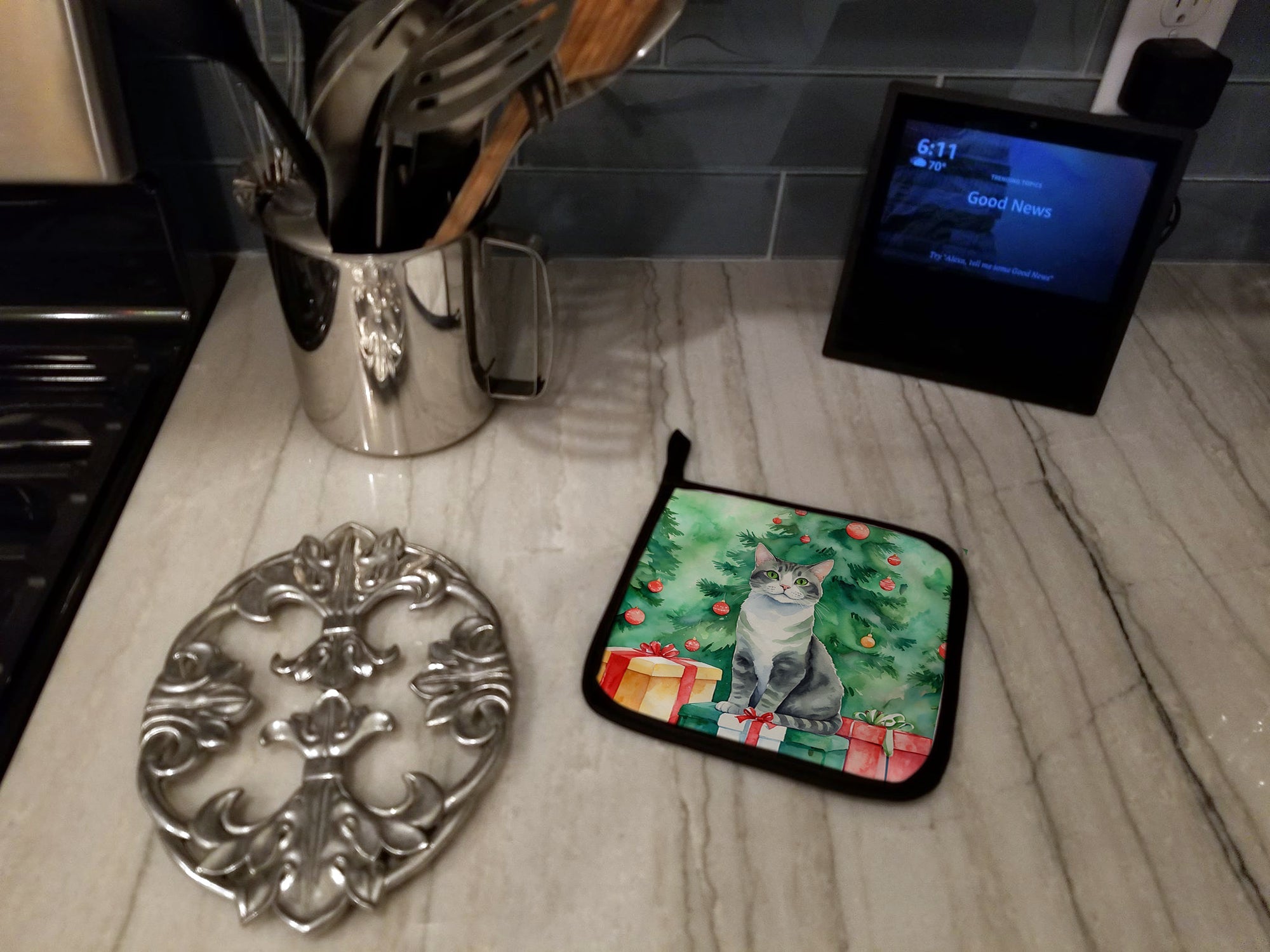 Ural Rex Cat By the Christmas Tree Pair of Pot Holders