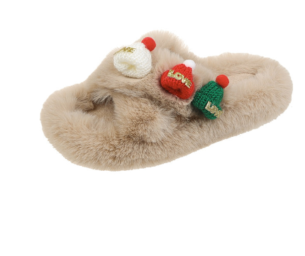 Christmas Hat Decoration Fluffy Women's Slippers | Embroidered Cap