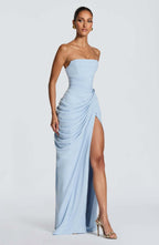 Tube Top Pleated Slit Maxi Dress