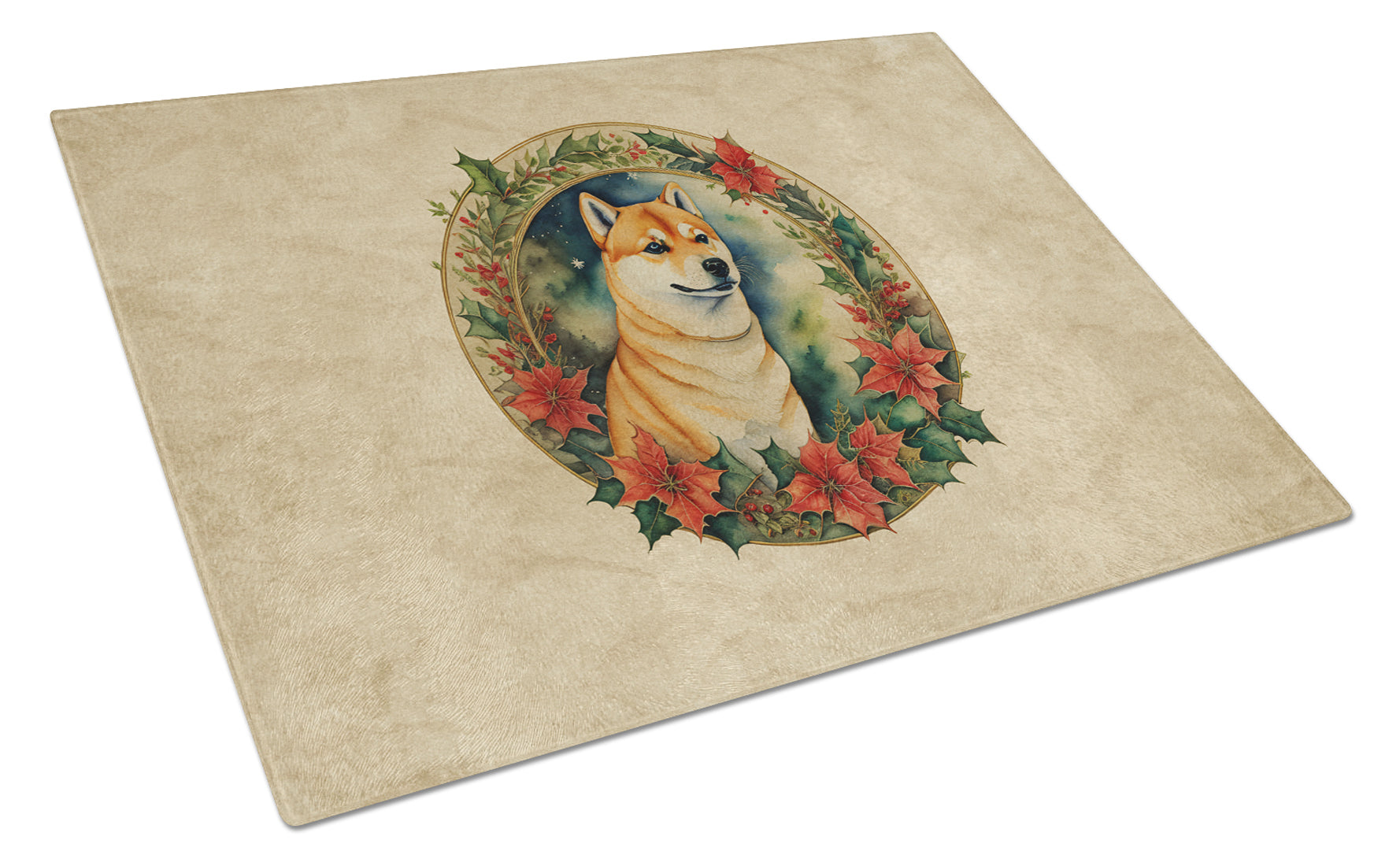 Shiba Inu Christmas Flowers Glass Cutting Board