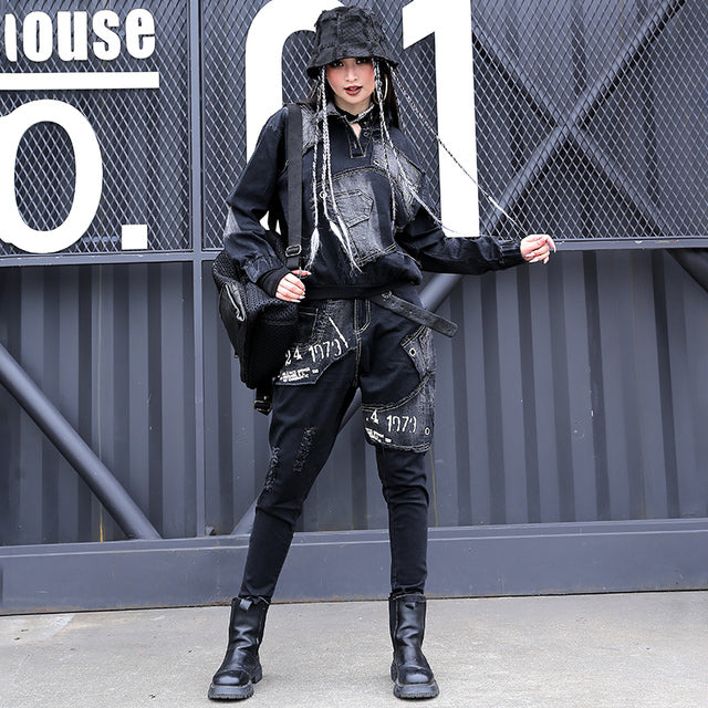 Fashion Personalized Denim Coat and Harem Pants Set