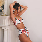 Stylish Floral Print High-Waisted Bikini Swimsuit