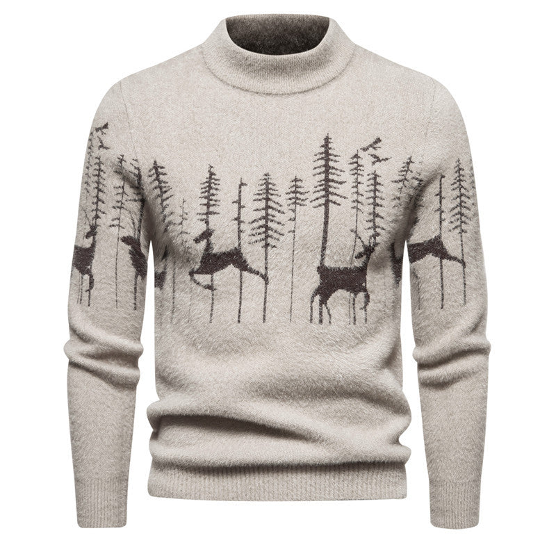 Men's Warm Christmas Deer Print Round Neck Sweater