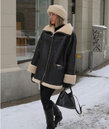 Hooded Zipper Fashion Lambskin Coat