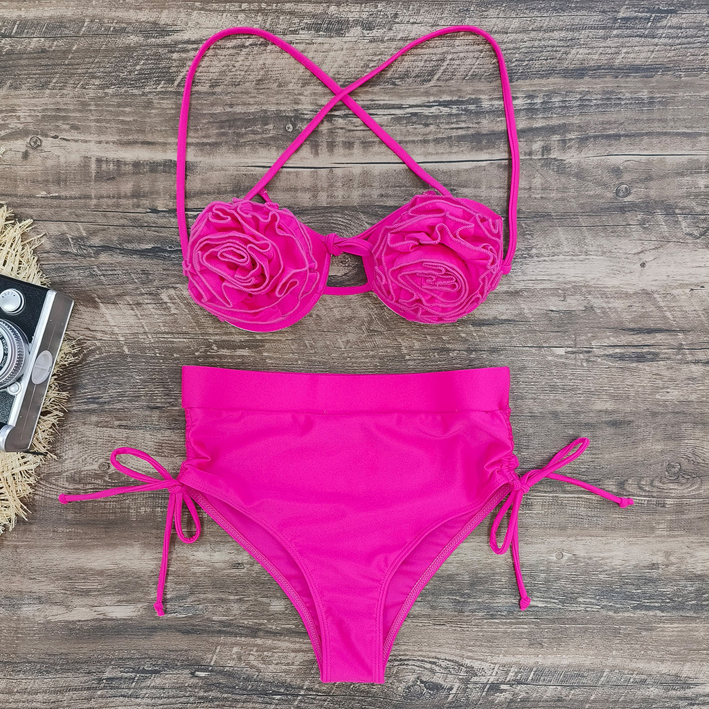 Solid Color High-Waist Bikini with Backless Design