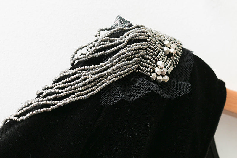 Velvet T-Shirt with Beaded Design, Bodysuit Top