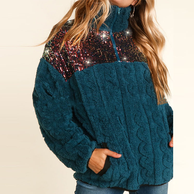 2024 Women's Splicing Sweatshirt Coat with Sequins | Streetwear