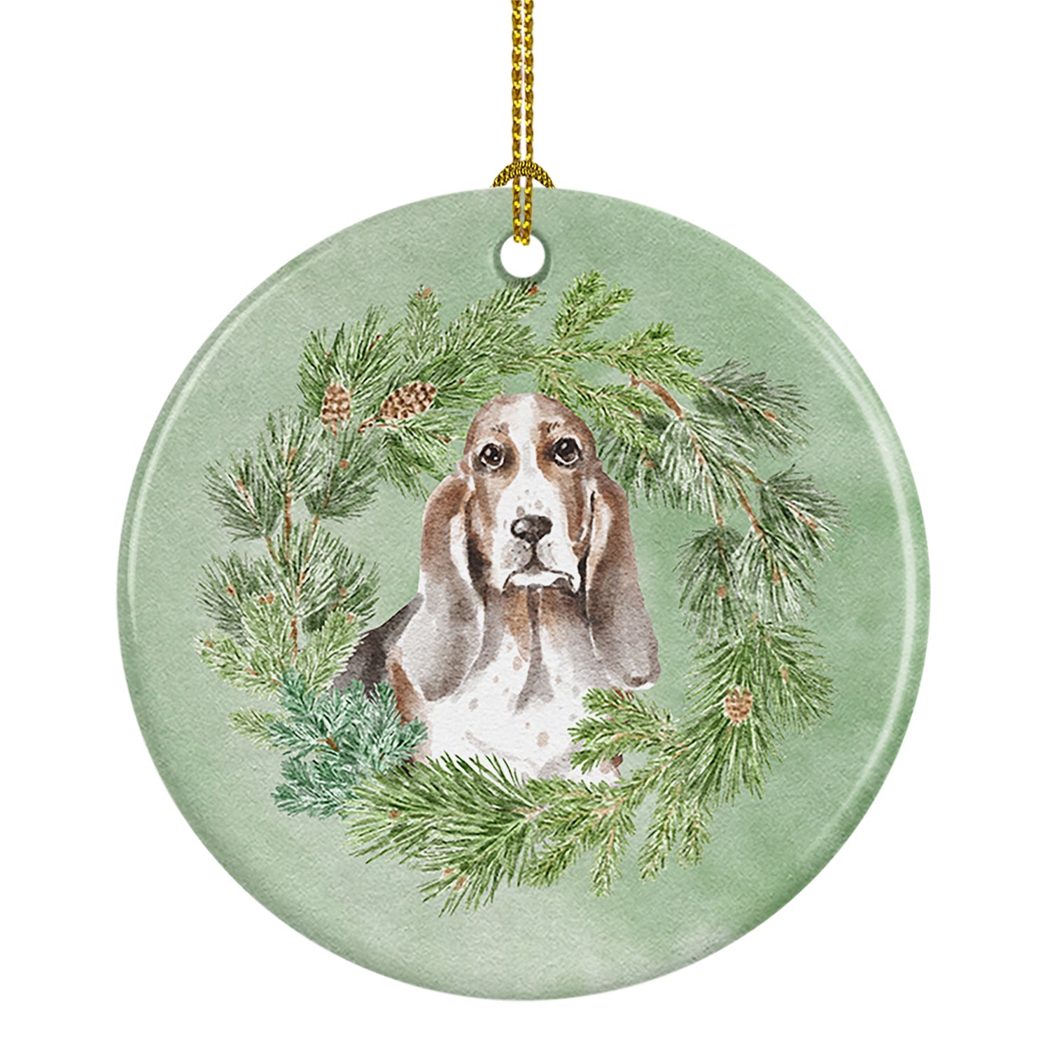 Basset Hound Tricolor Christmas Wreath Ceramic Ornament