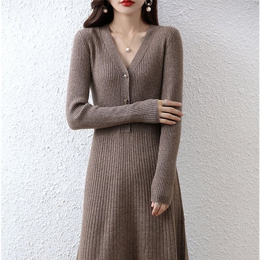 Elegant Women's V-neck Wool Knitted Dress