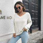 Loose V-neck Twist Hollow Sweater for Women