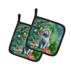 British Shorthair Cat By the Christmas Tree Pair of Pot Holders