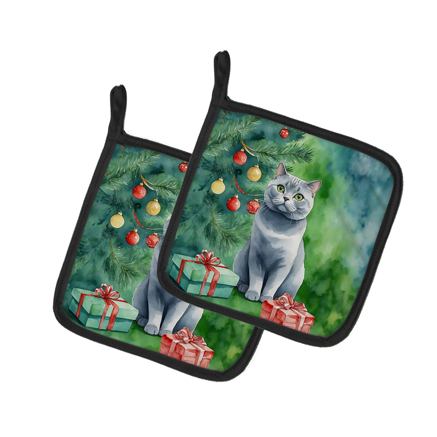 British Shorthair Cat By the Christmas Tree Pair of Pot Holders