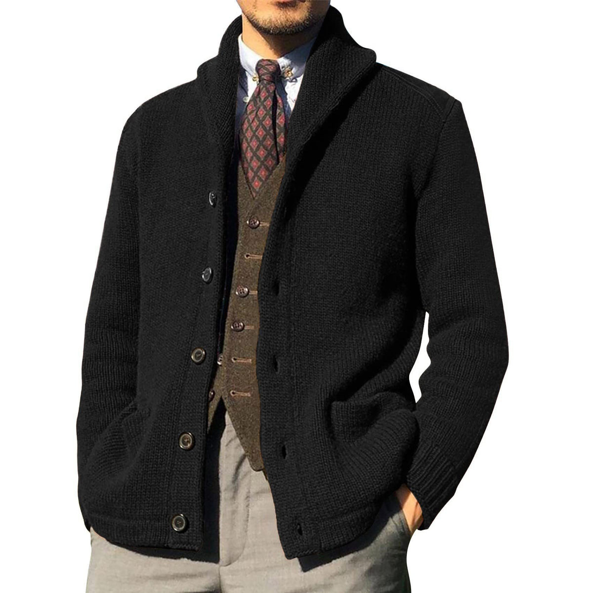 Men's Euro American Solid Long Sleeve Knitted Cardigan