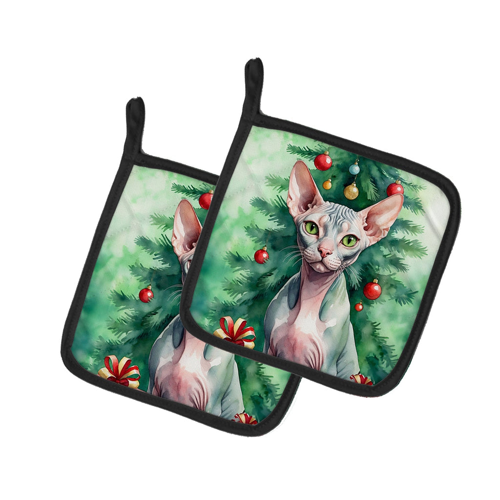 Sphynx Cat By the Christmas Tree Pair of Pot Holders