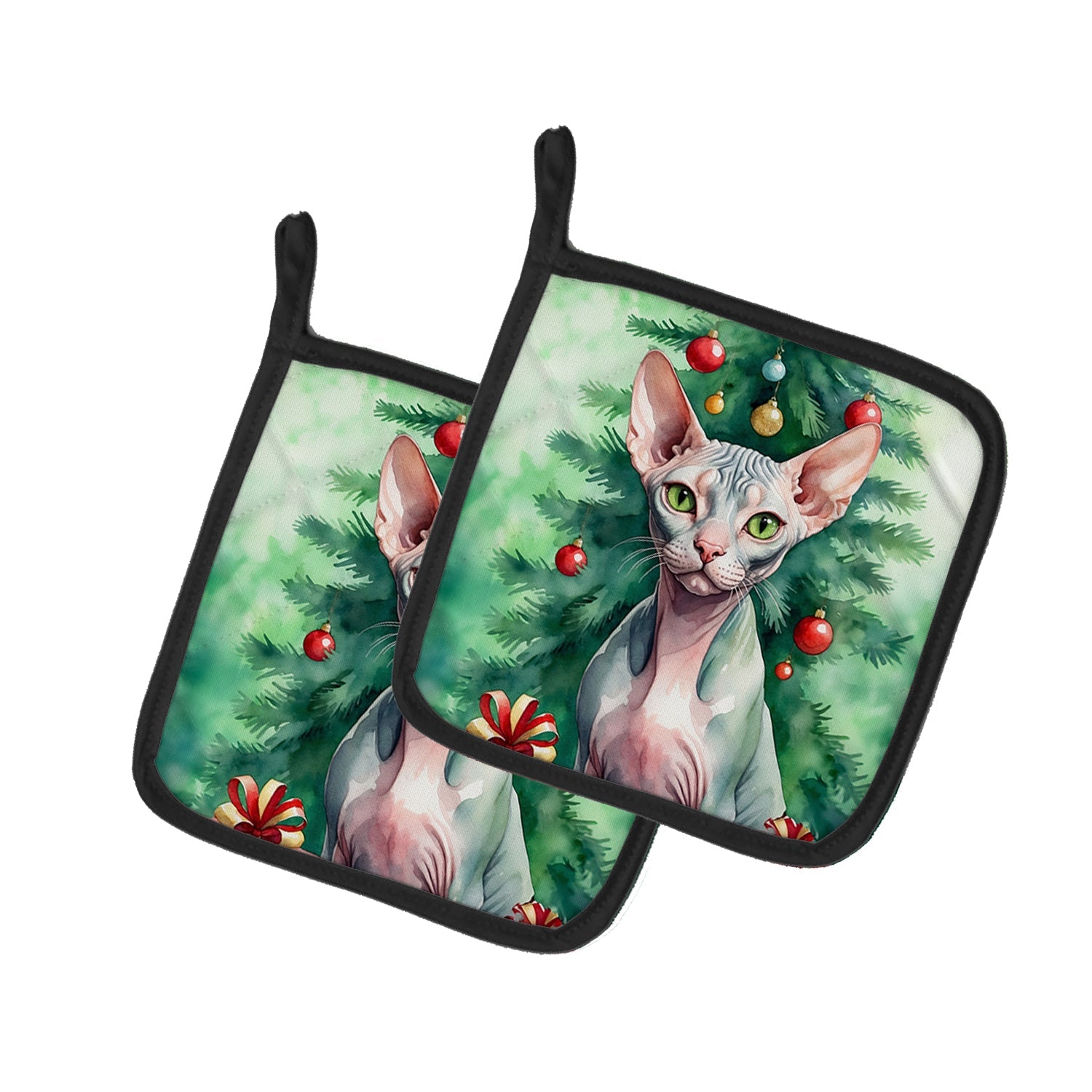 Sphynx Cat By the Christmas Tree Pair of Pot Holders
