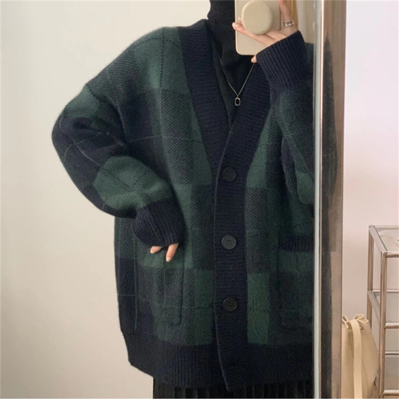 Korean Style Plaid Mohair Knitted Men's Jacket Sweater