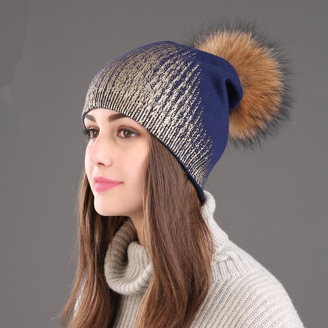 Warm Wool Knitted Hat for Women in Gold and Silver | Embroidered Cap