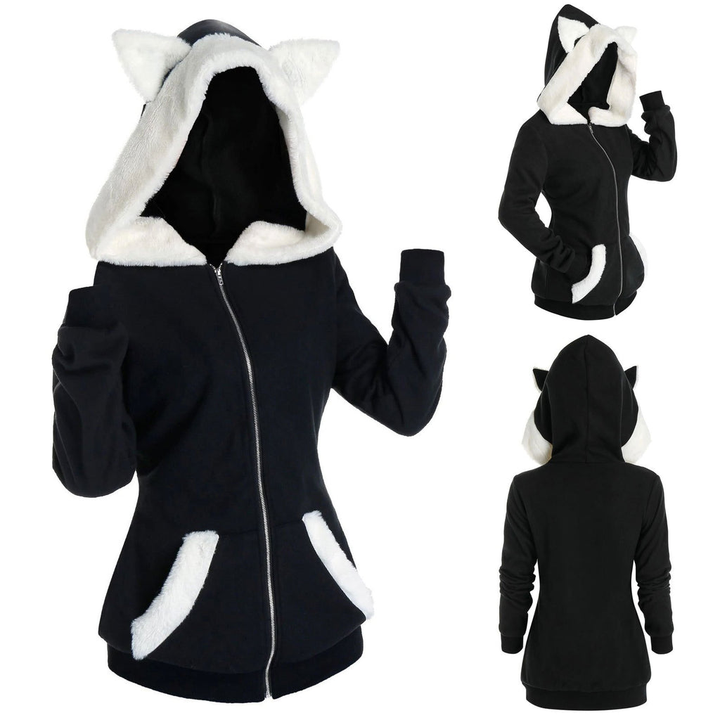 Plush Hooded Sweater with Cat Ears and Contrast Stitching