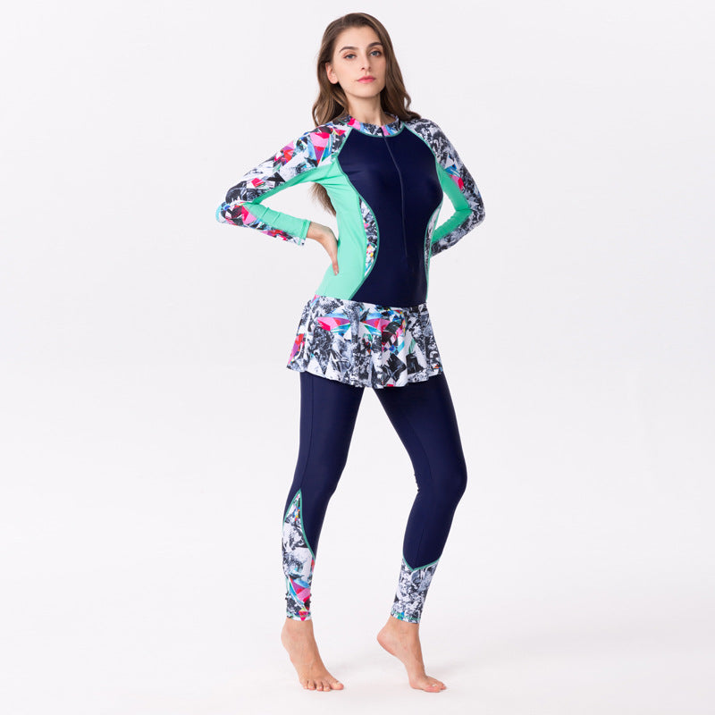 One-Piece Long Sleeve Swimsuit with Skirt
