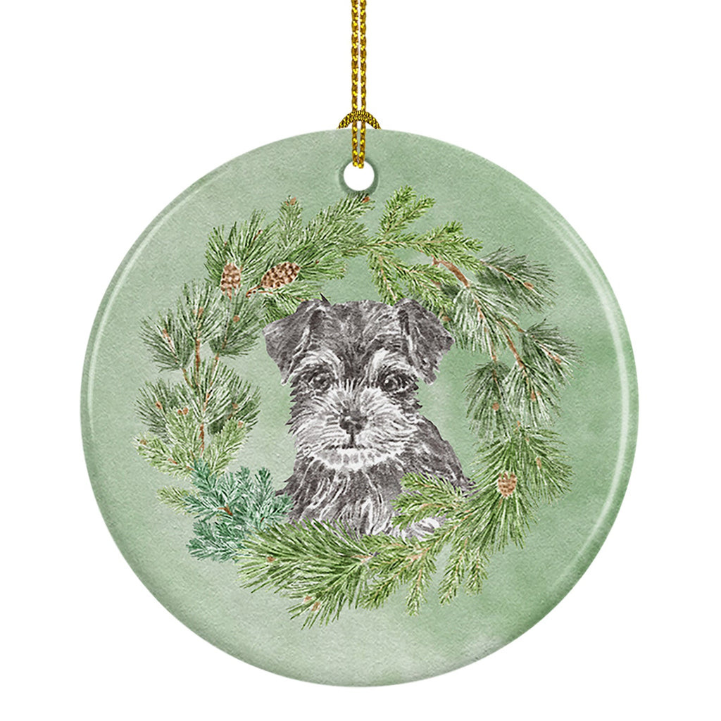 Schnauzer Puppy Black and Silver Christmas Wreath Ceramic Ornament