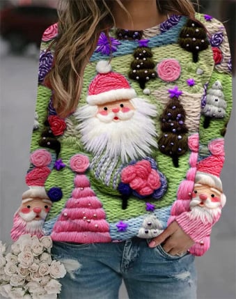 3D Digital Print Christmas Round Neck Top for Winter