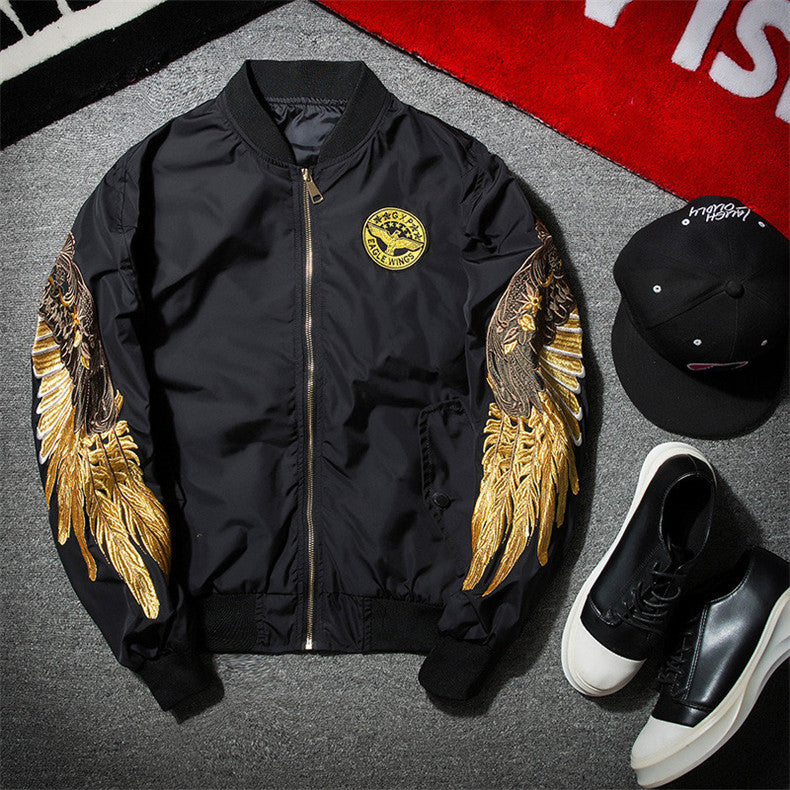 Men's Spring Hip Hop Gold Wings Embroidered Bomber Jacket