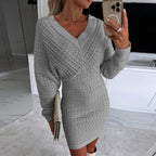 European American V-neck Wool Dress