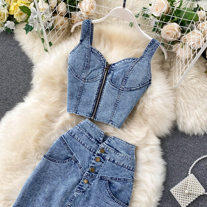 2020 New Women's Ins Style Crop Top & Denim Skirt Set