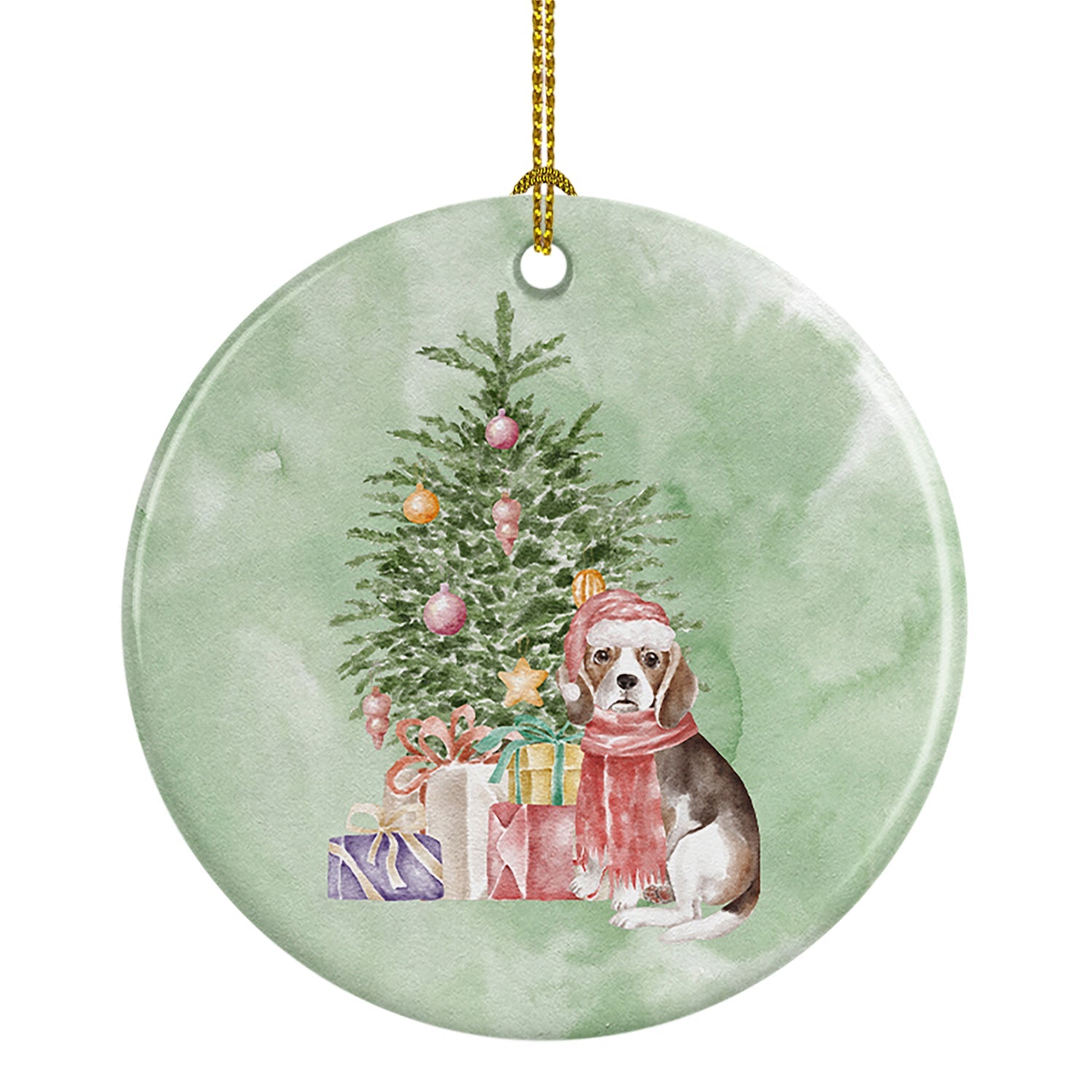 Beagle Puppy Christmas Presents and Tree Ceramic Ornament