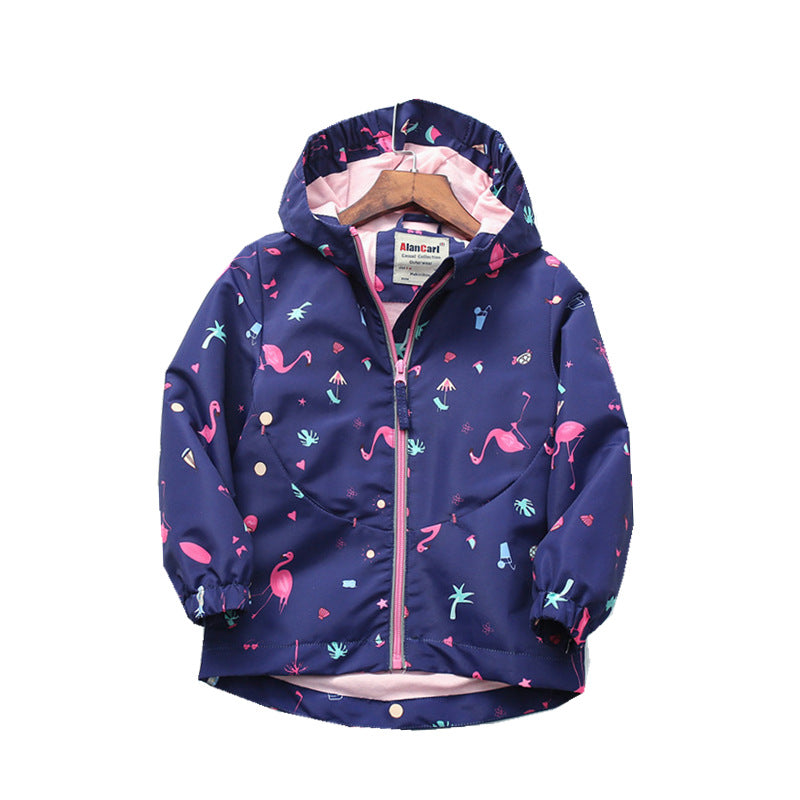 Hooded Children's Jacket with Flamingo Print