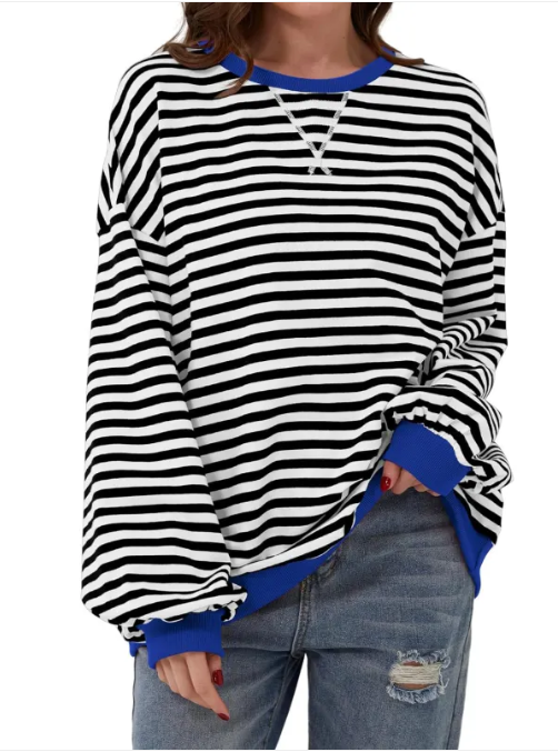 Loose Striped Long Sleeve T-shirt Casual Pullover Sweater For Womens Clothing | Streetwear
