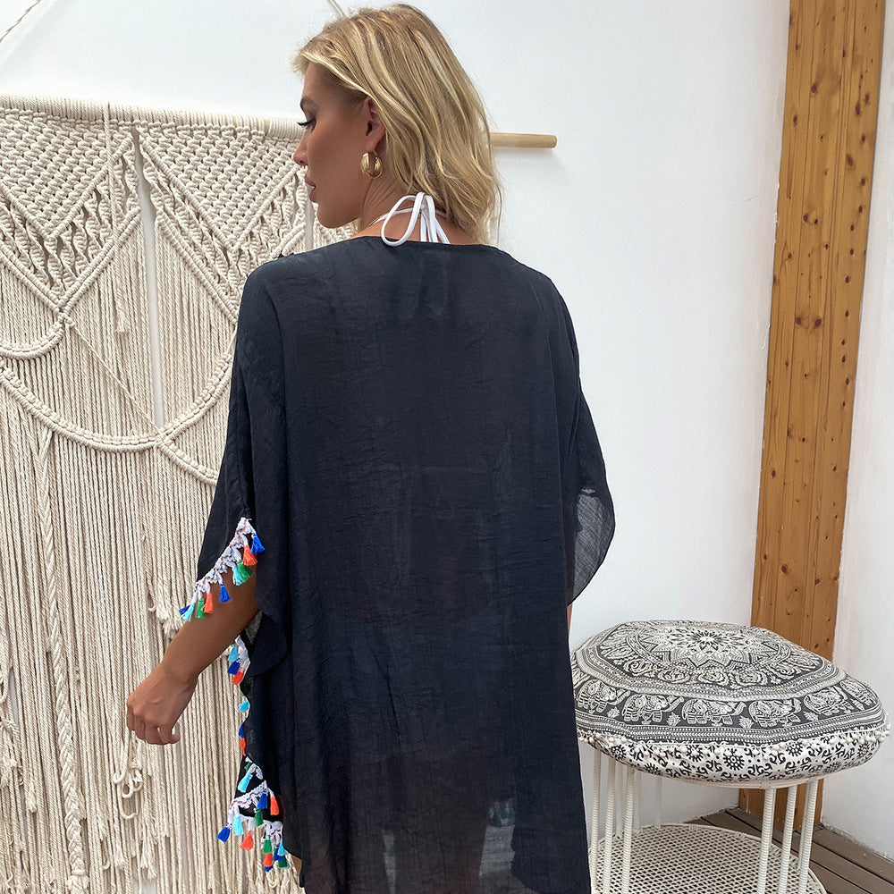 Solid Color V-Neck Crochet Beach Cover-Up Dress
