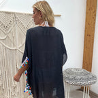 Solid Color V-Neck Crochet Beach Cover-Up Dress