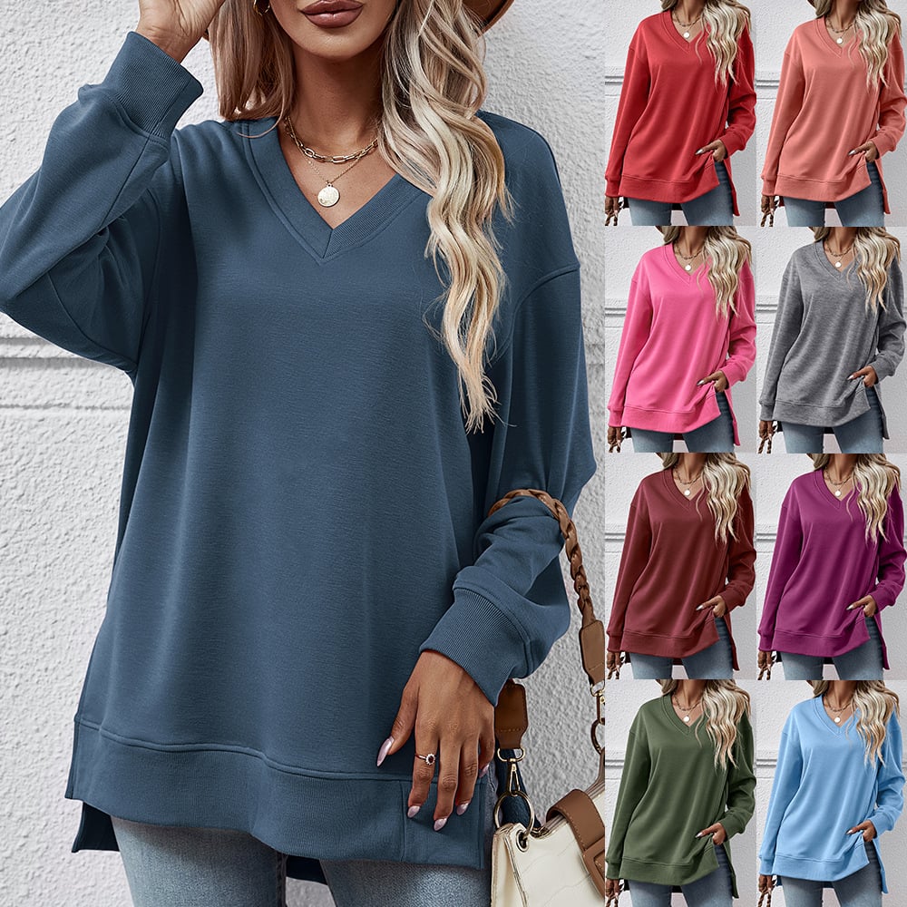 V-neck Solid Color Sweater with Split Front Design