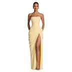 Tube Top Pleated Slit Maxi Dress