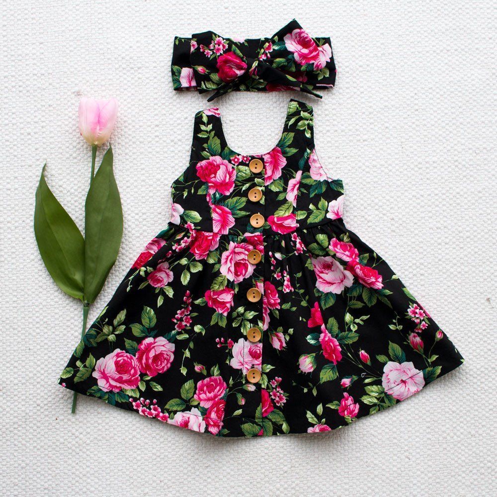 Summer Floral Dress for Toddler Girls with Bow Headband