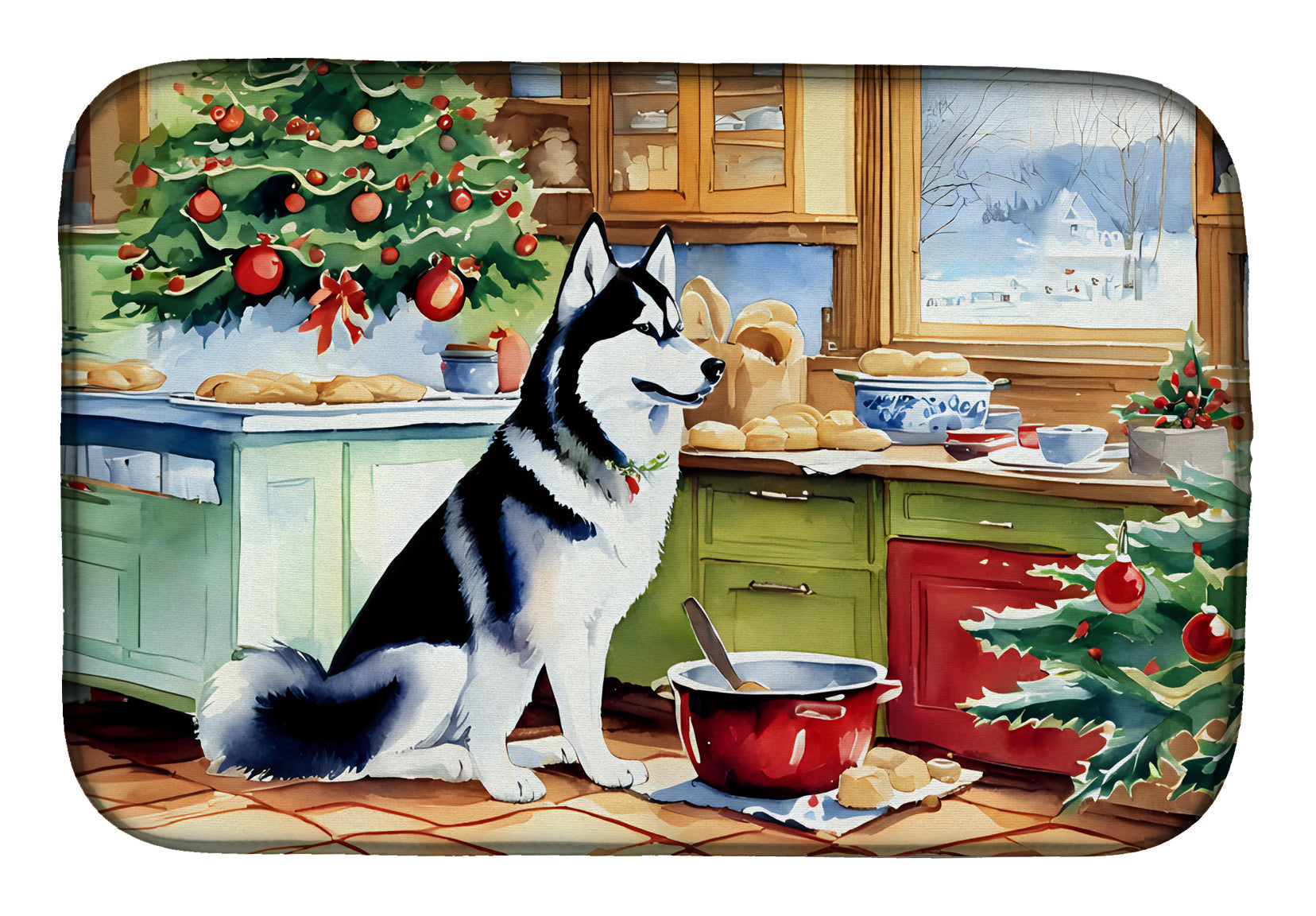 Siberian Husky Christmas Cookies Dish Drying Mat