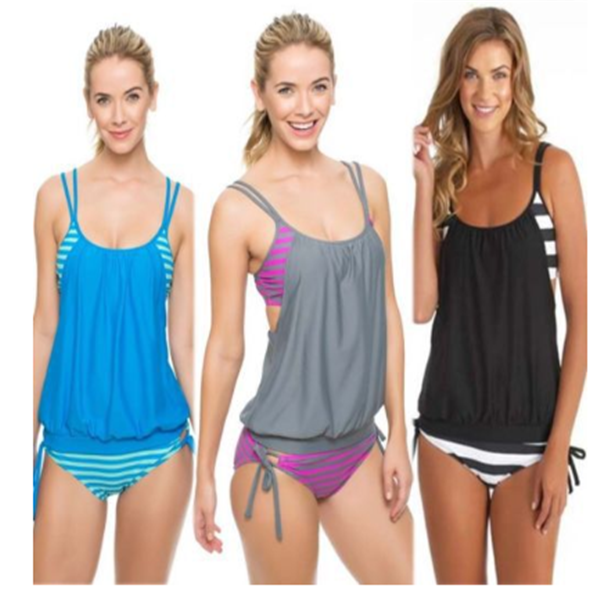 Women's Striped Blouson Tankini Set