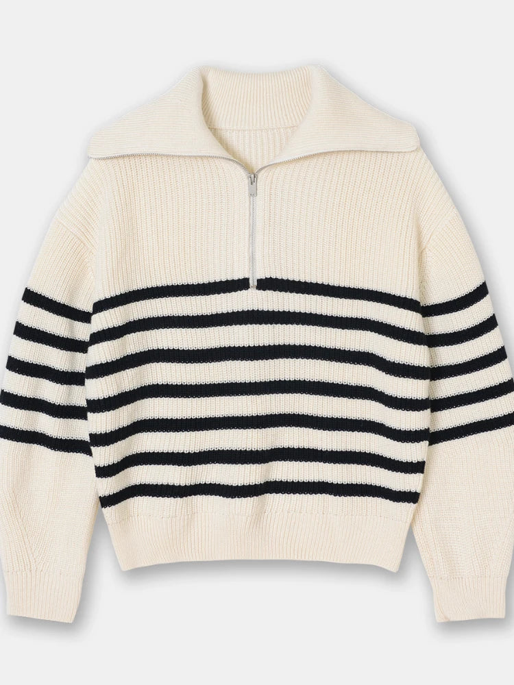 Women's Striped Turtleneck Pullover with Half Zipper | Streetwear