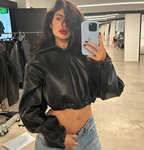 Cropped Black PU Leather Hooded Jacket for Women
