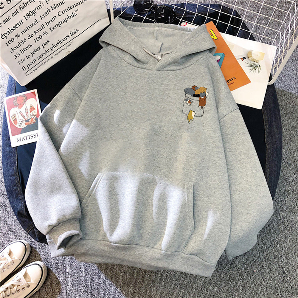 Popular Women's Cat Fleece Long-Sleeve Hoodie | Streetwear