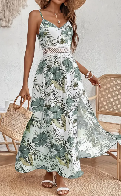 Floral Print Spaghetti-Strap High-Slit Maxi Dress