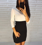 Color-Block Three-Color Midi Dress with Three-Quarter Sleeves