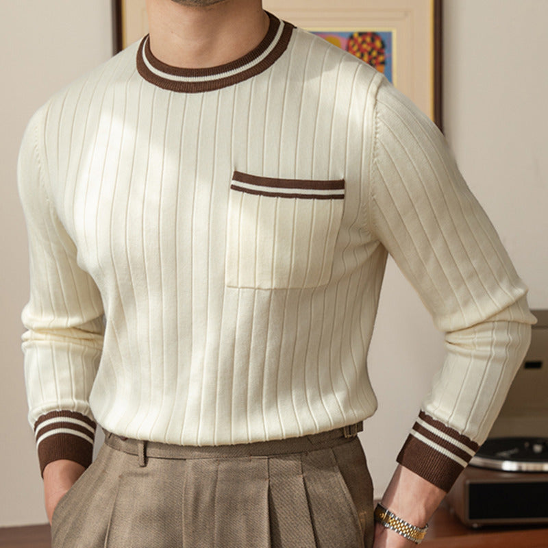 Men's Striped Knitted Round Neck Sweater with Pocket